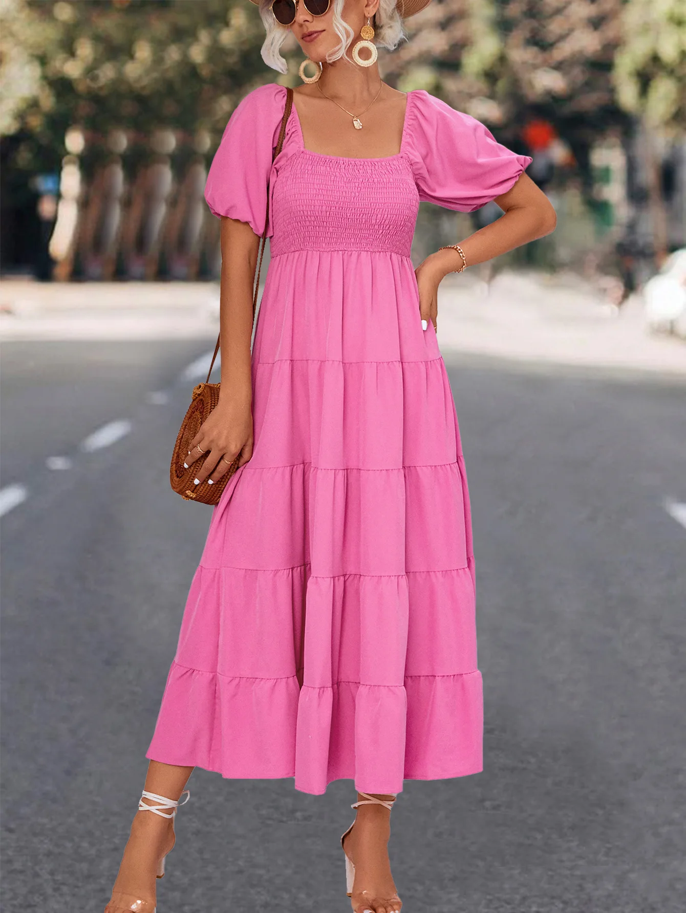 Women Solid Color Dress Square Neck Dress Puff Sleeve Fold Design Dress Casual Street Elegant Dress Women Loose Cake Dress