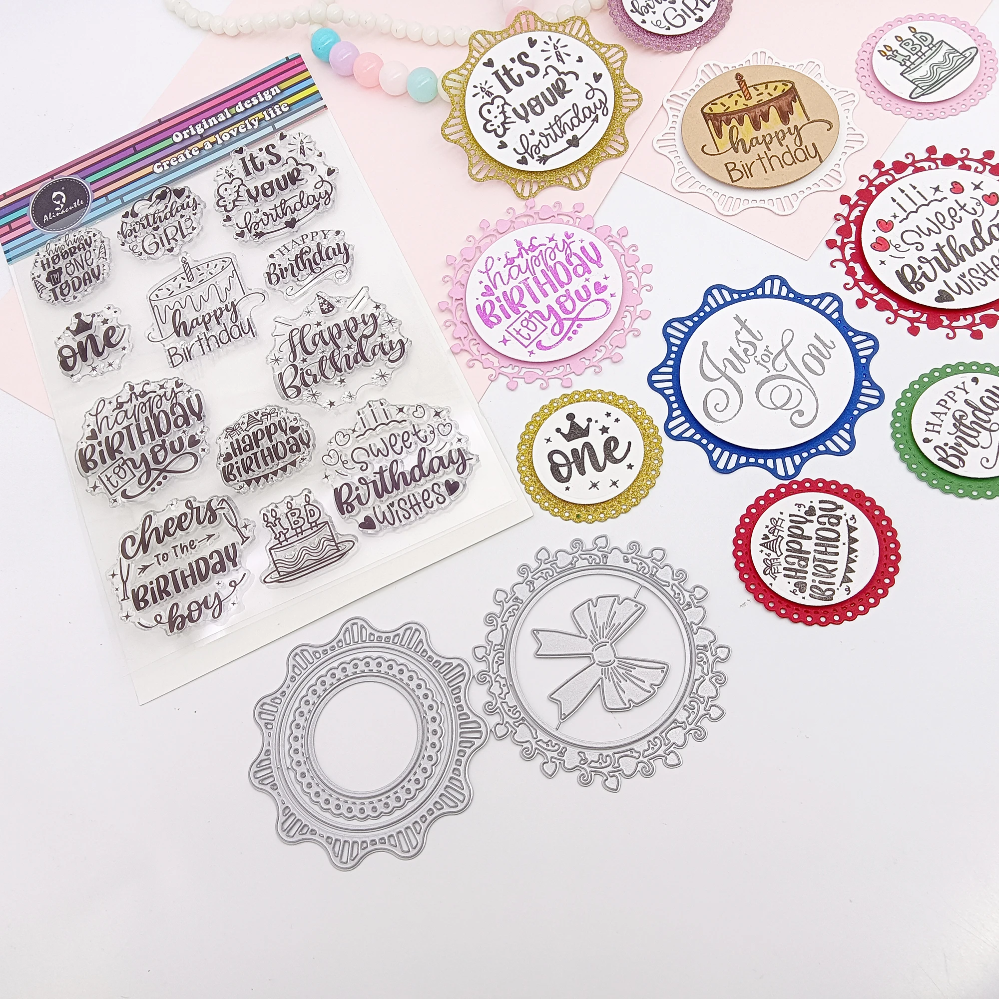 Alinacutle Book Birthday Etched Dies Metal Cutting Die Cut Book Curtain Circle Flower Clear Stamp Scrapbooking Paper Craft