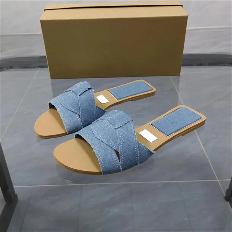 TRAF sandal Denim wanita, Kasut Flip flop jari bulat, kasual 2024 untuk perempuan