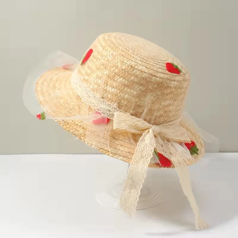 Mesh children\'s straw hat summer girl lace beach hat summer sun protection sun hat boy strawberry decoration sun hat 아동여름모자