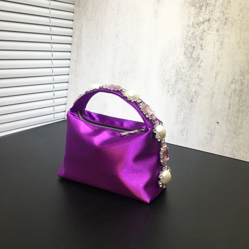 Retro Silk Satin Small Clutch Handbags For Women Fine Rhinestone Pearl Inlay Party Evening Bags Elegant Purple Rose red Tote Bag