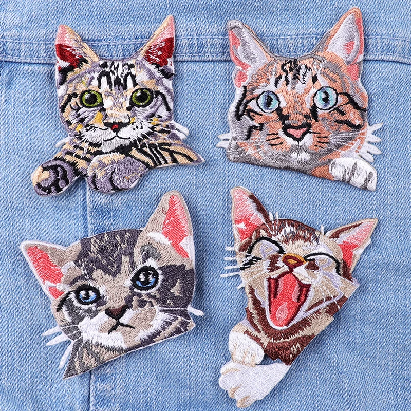 Pocket Cat Embroidery Patch Cute Cartoon Animal Patch Iron On Patches For Clothing Cat Embroidered Patches On Kids Clothes DIY