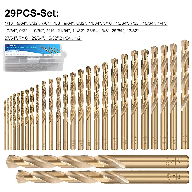 XCAN Drill Bit 29pcs HSS M35 5% Cobalt Twist Drill Bit Inch Size 1/16