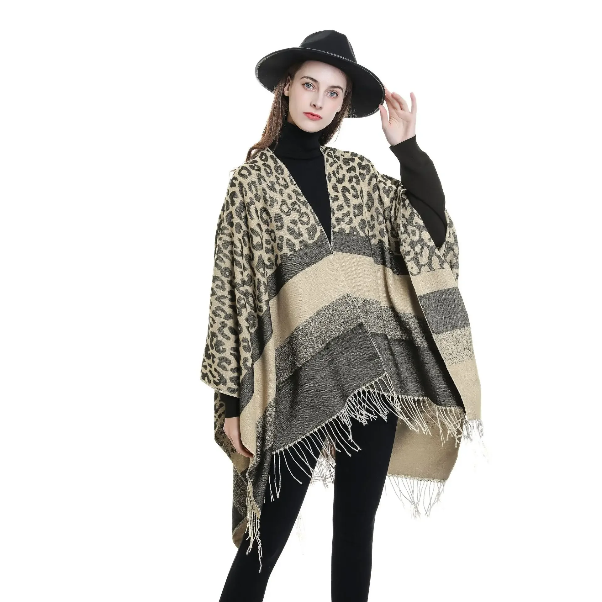 2024 new gradual change plaid shawl with cape, autumn and winter blanket warm tassel outdoor gift giving shawl