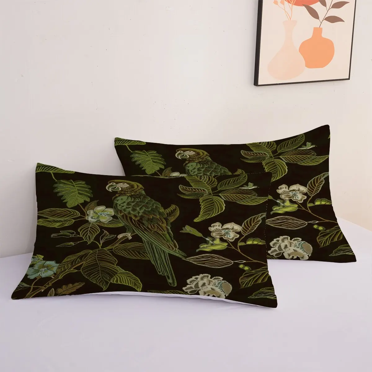 Green Parrot  Down comforter set, extra large size  Plant embroidery  1 duvet cover and 2 pillowcases (without blankets)