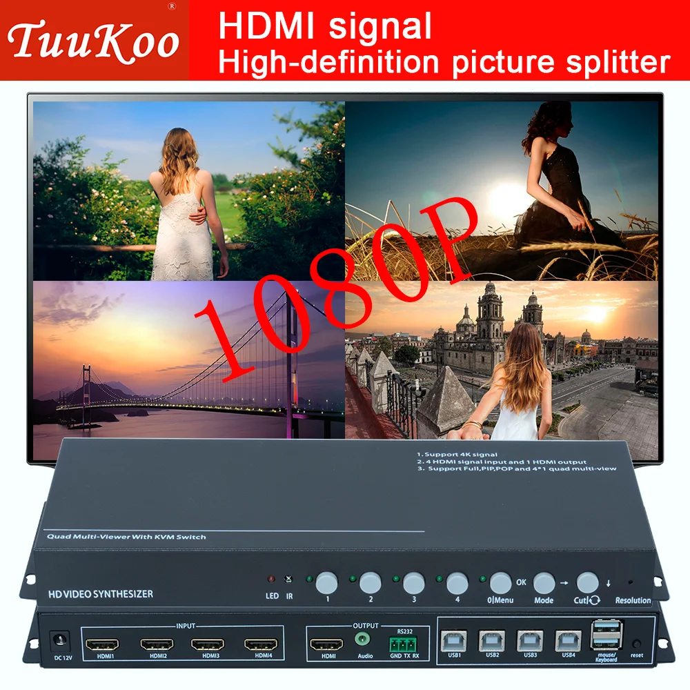 

Четырехэкранный сплиттер высокой четкости, функция KVM-переключателя, плавное переключение, HDMI-сплиттер 1080P
