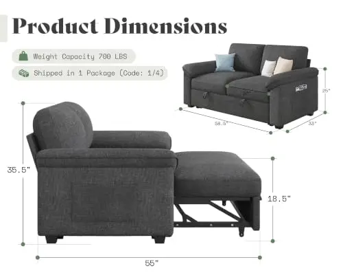 Sofa Bed, 3-in-1 Sleeper Sofa, Pull Out Couch Loveseat-Gray from Asurion, LLC