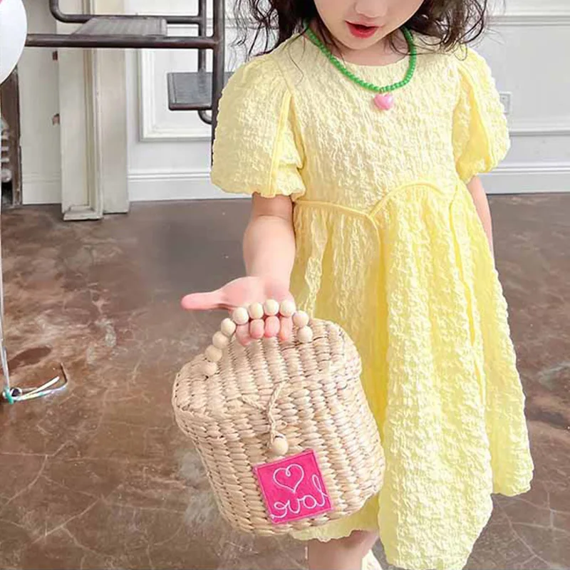 Girls\' Summer Dress New Fashionable Solid Color Sweet Dress Short Sleeved Princess Dress Fluffy Dress For Children Clothing