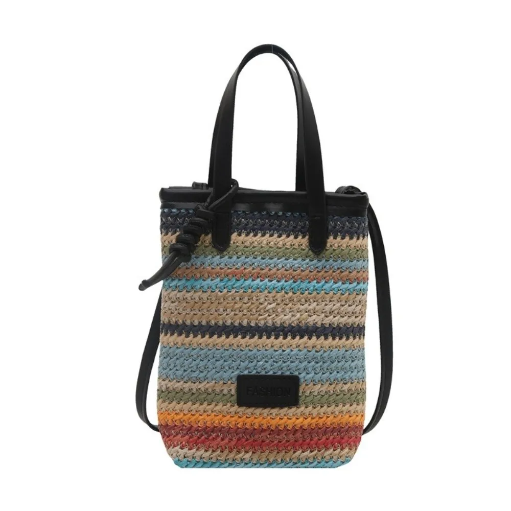 New Contrasting Color Straw Messenger Bag All-match Light Weight Straw Crossbody Bag High Capacity Shoulder Bucket Bag Daily Use