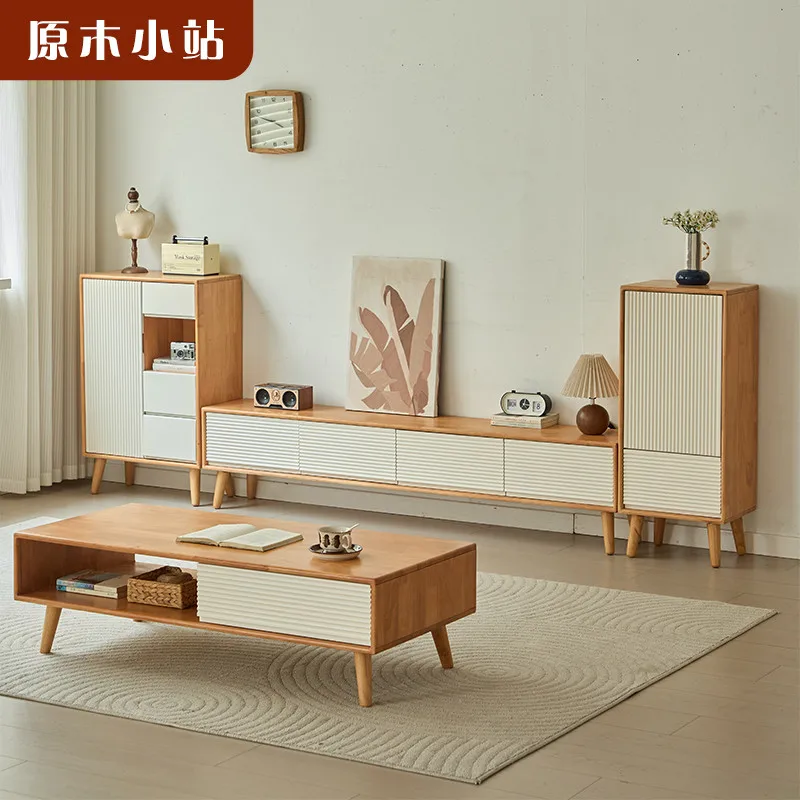 Solid wood TV cabinet floor-to-ceiling living room household 2026 new fully equipped small apartment white log wind TV cabinet