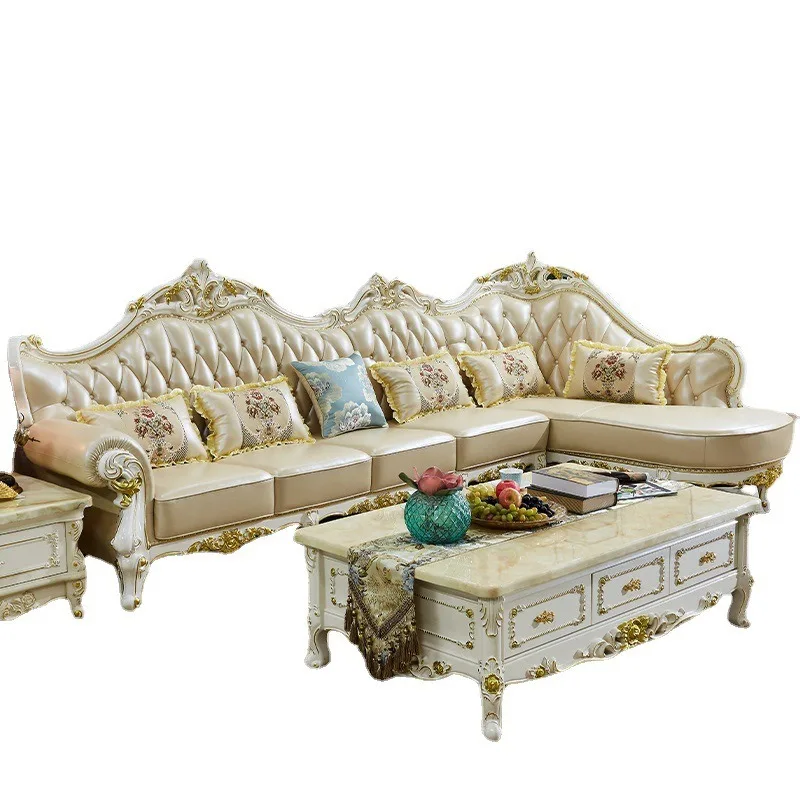 European sofa combination, living room size solid wood carving flower luxury furniture