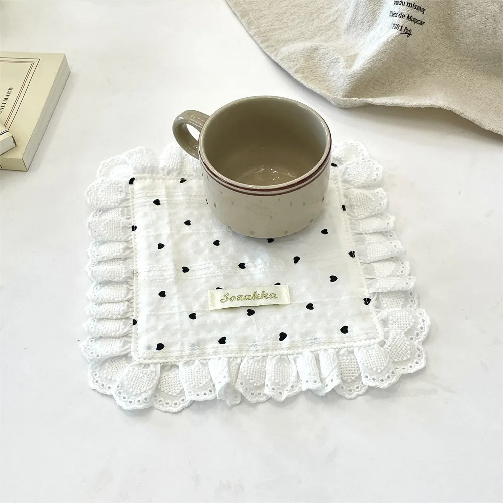 

Retro Soft Lace Placemats Heart Flounced Cup Mat Square Table Cotton Napkins House Warming Gift