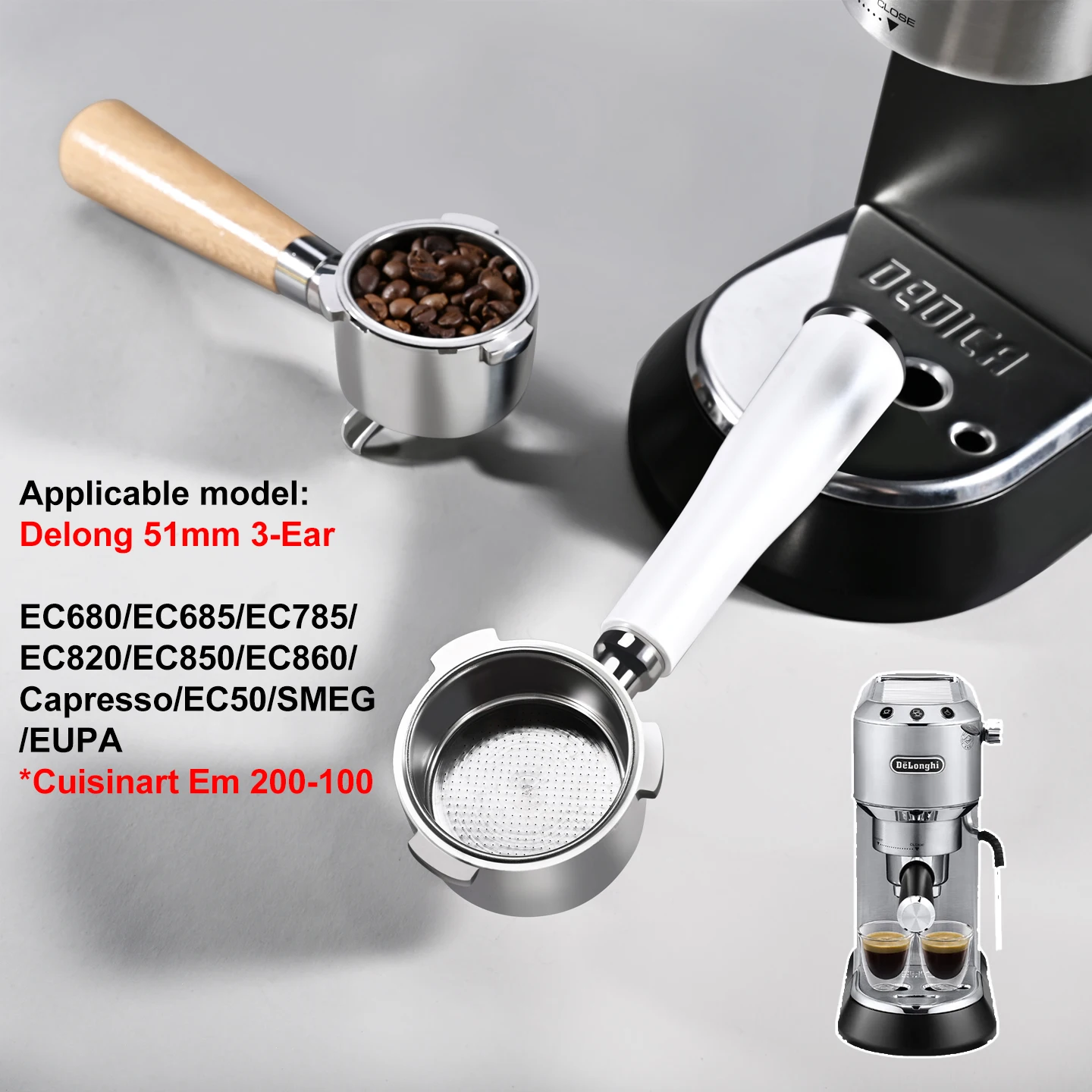Double Spout 51mm 3 Ears Coffee Portafilter With 2Cups Basket for Delonghi ECO680 ECO685 Coffee Espresso Machine Barista Tools