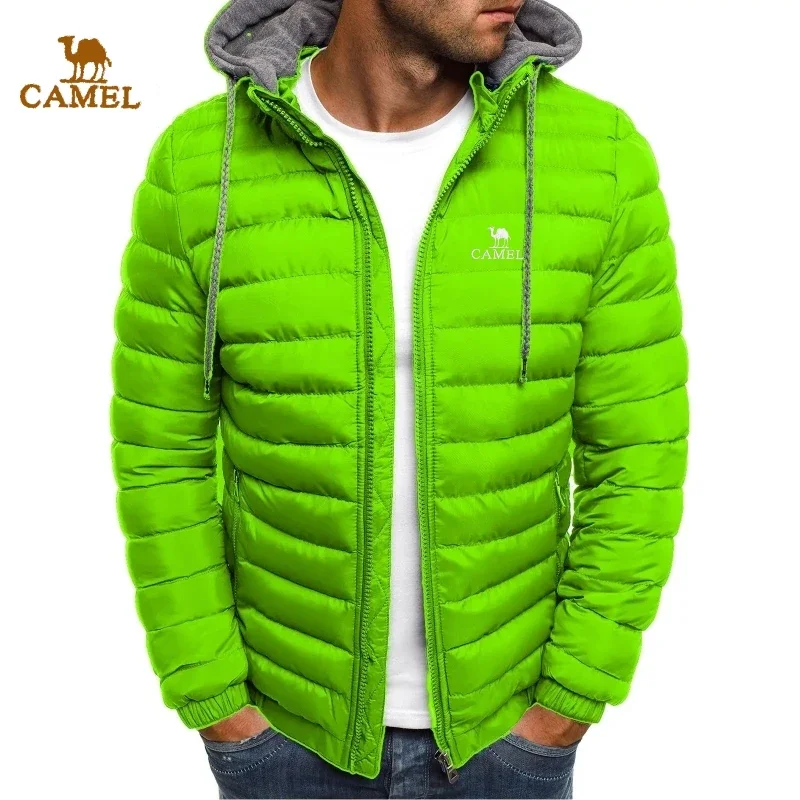 Autumn and Winter Men\'s Embroidered CAMEL Hooded Warm Cotton Jacket, New Fashionable Casual Outdoor Windproof Detachable Top