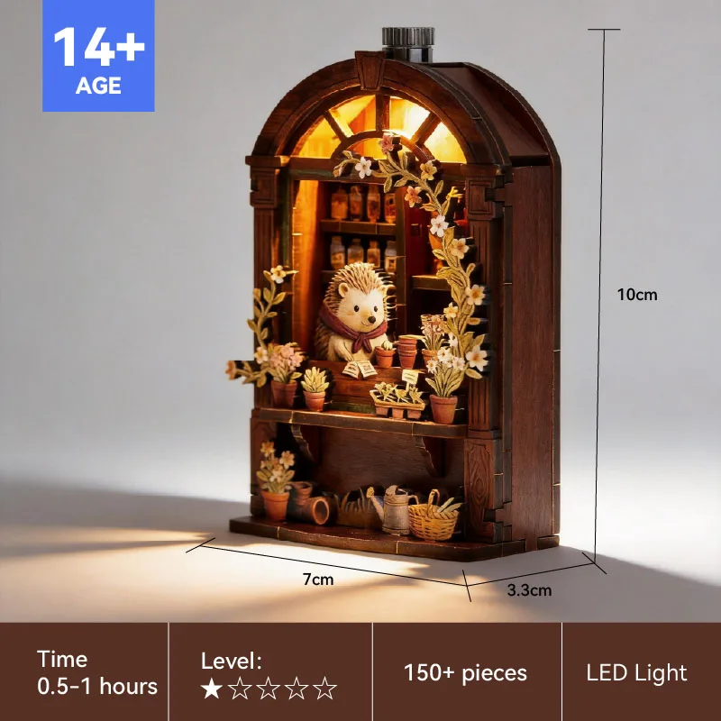Hedgehog Florist Book Nook Kit Wooden DIY with LED Light Cute Animal Gift for Plant Lovers Home Decor