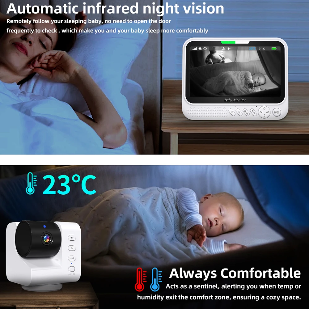 7'' Video Baby Monitor With 4X Zoom Video Cam No WiFi Two Way Audio Night Vision 5000mAh Battery Protection Surveillance Nanny view 5