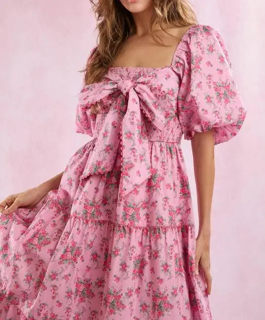 Nuovo abito da donna a maniche corte a trapezio casual estivo con stampa floreale collo quadrato abito da festa con fiocco grande per cocktail streetwear SML