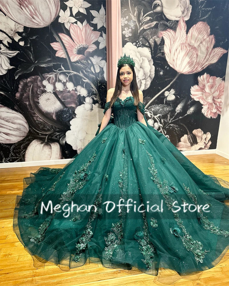 Emerald Green Off The Shoulder Quinceanera Dresses Ball Gown Appliques 3D Flower Formal Dress Bow Princess Gowns Customized