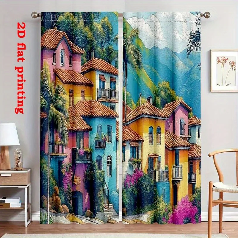 Colorful Village Curtain, Mediterranean Style House Print Drape, Scenic Landscape Window Treatment for Living Room Bedroom Home