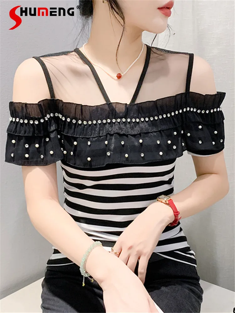 

Women's Fashion 2024 Summer New T-Shirts Splicing Sexy Short Sleeve Mesh Yarn Backless Slimming Tops Rhinestone Cotton T-shirt