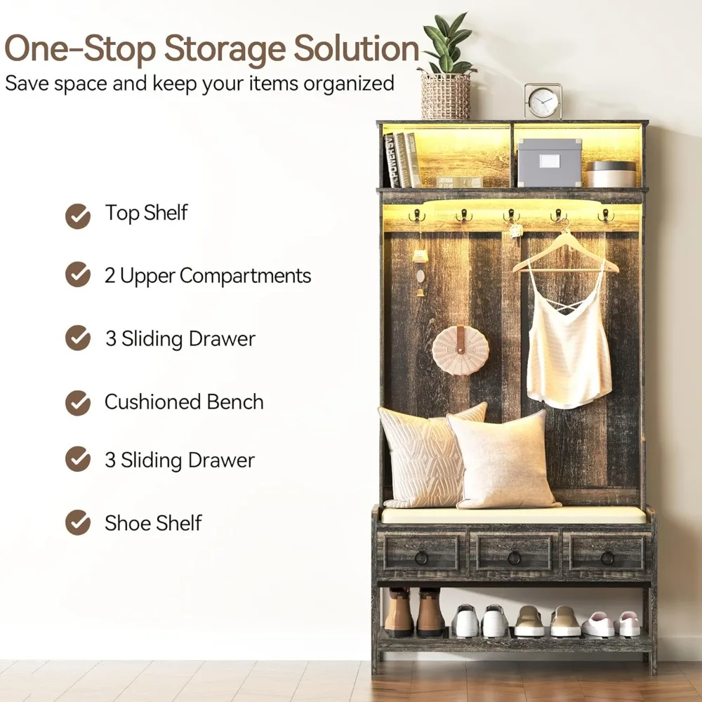 "مقعد مدخل على طراز المزرعة مقاس 67 بوصة مع مساحة تخزين للأحذية، ورف معطف خشبي بمستشعر تلقائي، وإضاءة LED"