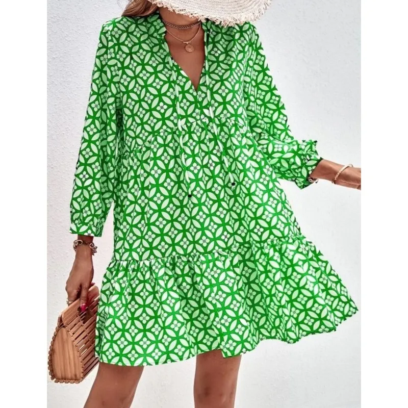 Casual Boho Holiday Clothing Floral Print Dress For Women V Neck Three-Quarters Sleeve Spring Autumn Elegant Party Dress Female