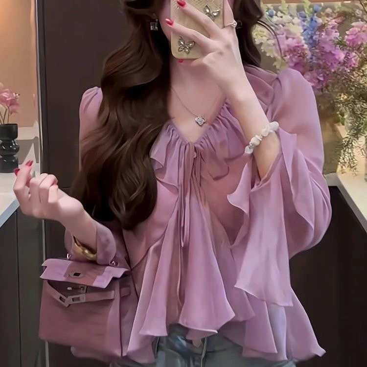 

Ele Pink Purple Lace Blouse Flounce Sve Long Sve V-Ne Slim Fit Commute Sle Unique Beautiful Small Top