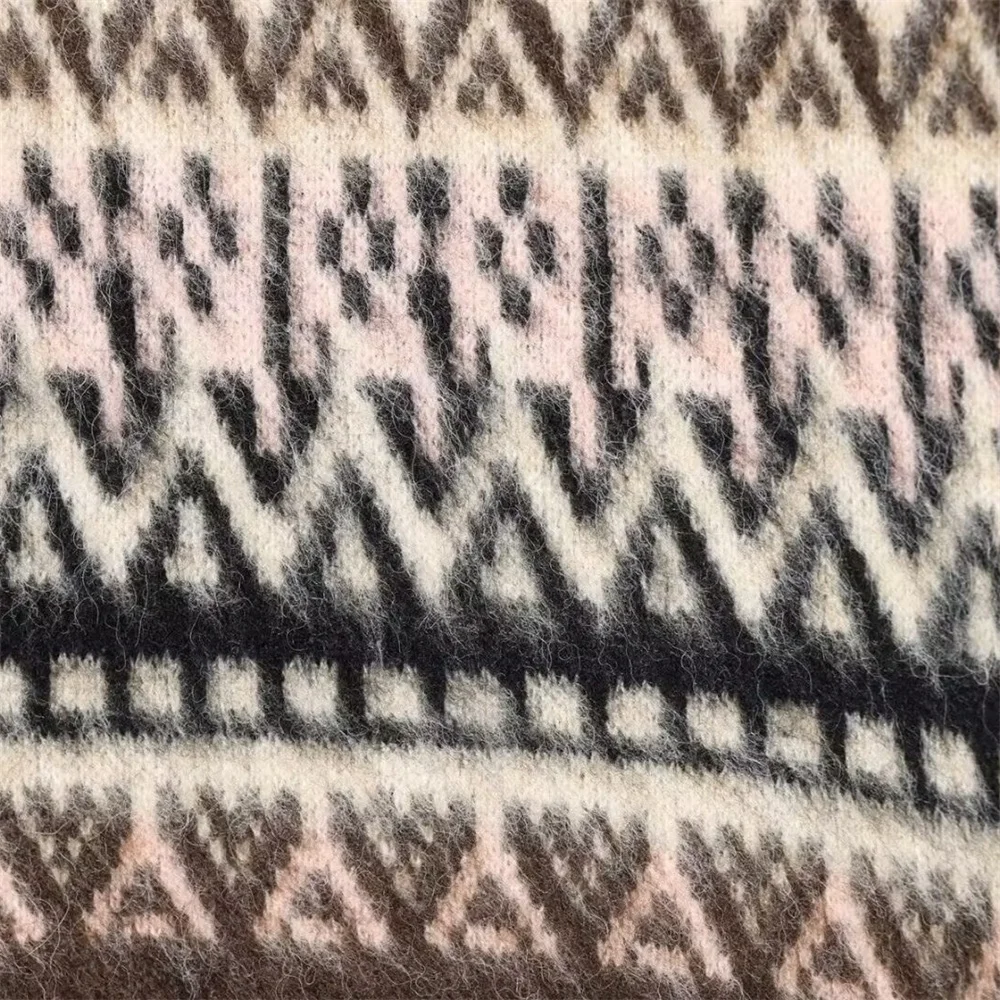 الخريف والشتاء المرأة الجديدة الرجعية فضفاضة جولة الرقبة طويلة الأكمام بالفرشاة تأثير الجاكار محبوك قميص