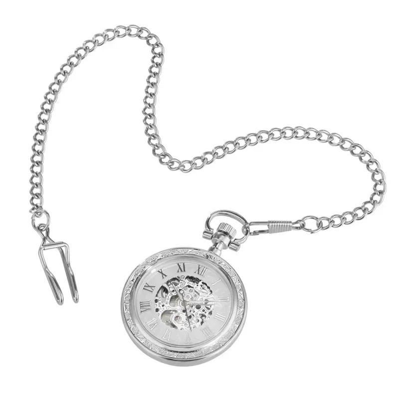 Vintage Style Silver Skeleton Pocket Watch Automatic Mechanical Roman Numeral Display with Luminous Hands Vintage Gift for Men