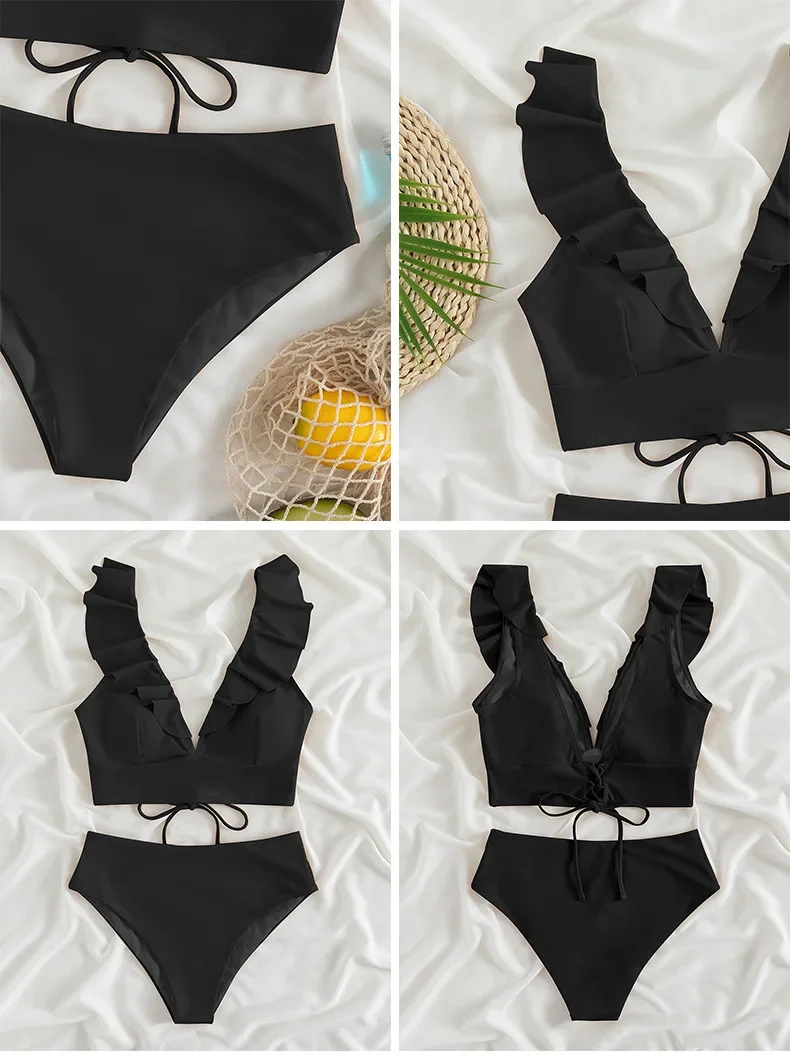 Women's High Waisted Bikini Sets V Neck Ruffle Two Piece Swimsuits Push Up Bathing Suits