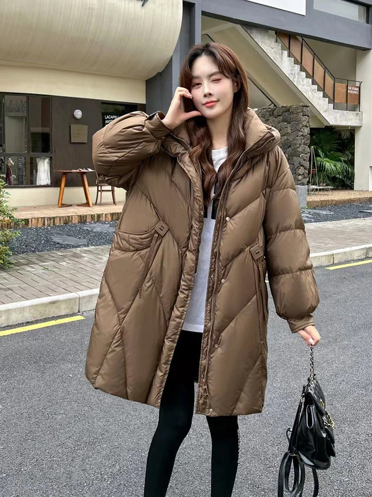 

Свободная зимняя куртка средней длины с капюшоном, женские толстые теплые куртки с карманами, женская верхняя одежда Parker на белом утином пуху с двойной молнией