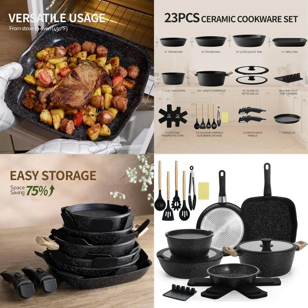 

Black 23-Piece Detachable Handle Ceramic Cookware Set, Nonstick Induction Compatible with Frying Pans & Saucepans, Oven Safe