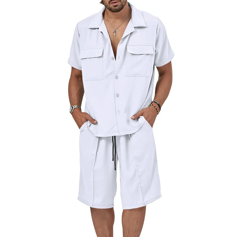 European and American Men's Breathable Open Button Shirt, Lapel Casual Shirt, Shorts Two-piece Set