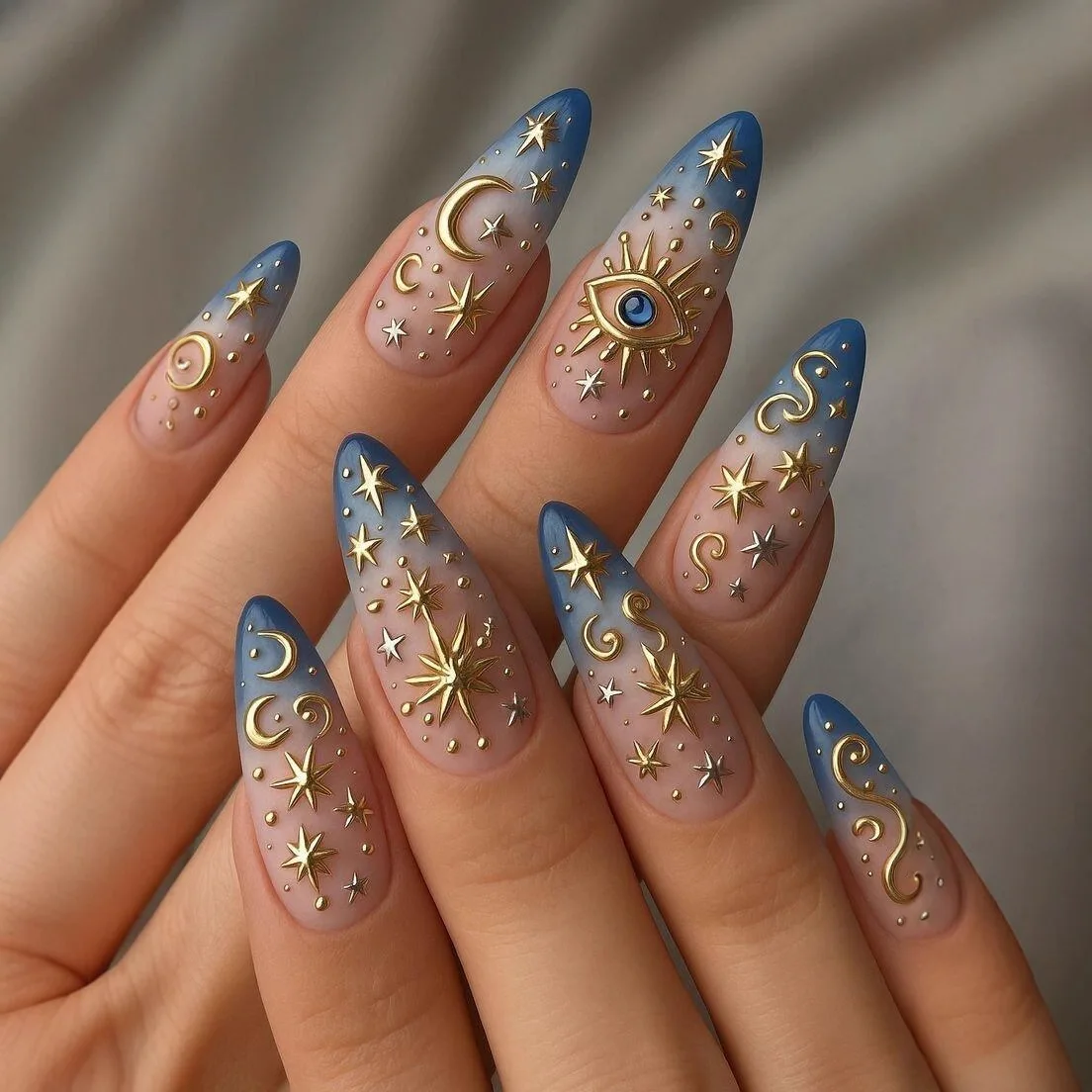 

24PCS Almond False Nails Bohemian Four Pointed Star Press on Nails French Design European Style Sweet Acrylic Trendy Nail Art 네일