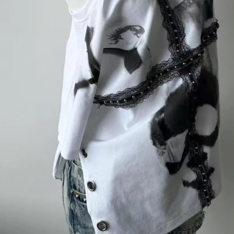 Koszulka Punk Hottie American Retro Subculture Slim Krótki Rękaw Harajuku Czaszka Nadruk Białe T-shirty Koronkowy Patchwork Top