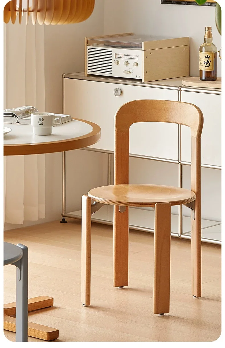 Nordic Beech Solid Wood Plywood Dining Stackable Vintage Curved Backrest Swiss Chair Heat-bent Wood Stool