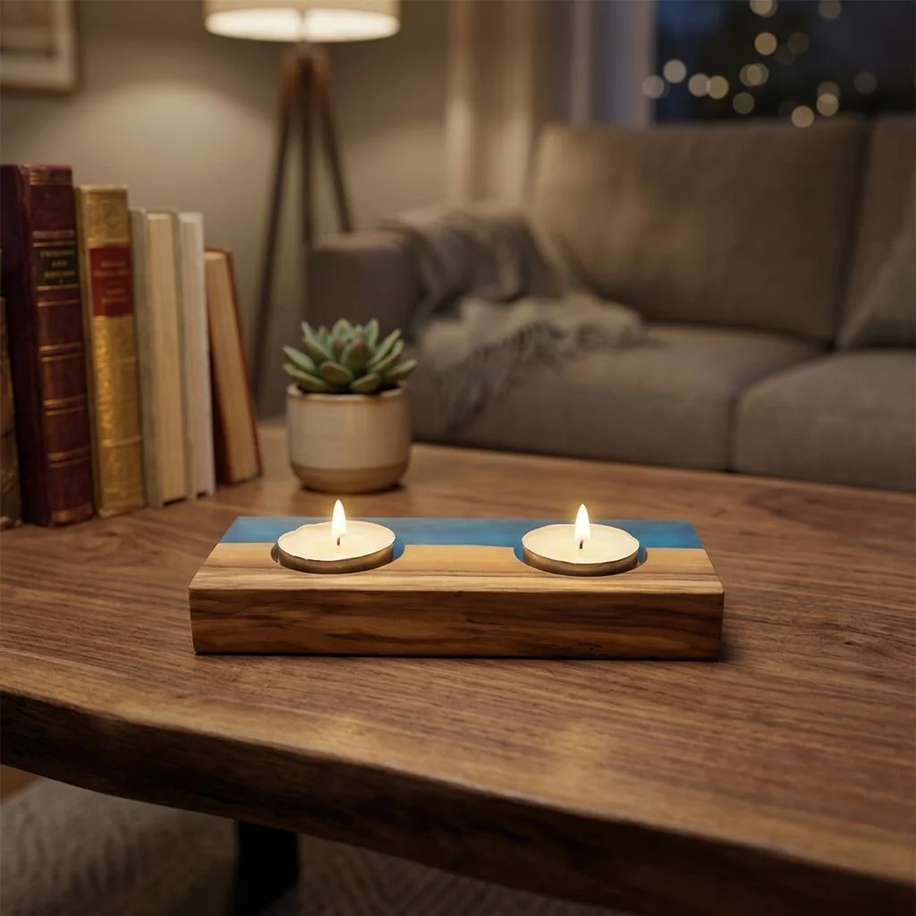 Epoxy Resin and Olive Wooden Candle Holder for Wedding Party Dinner Square Candle Stand Tealight Holder Shabbat Candle Holders