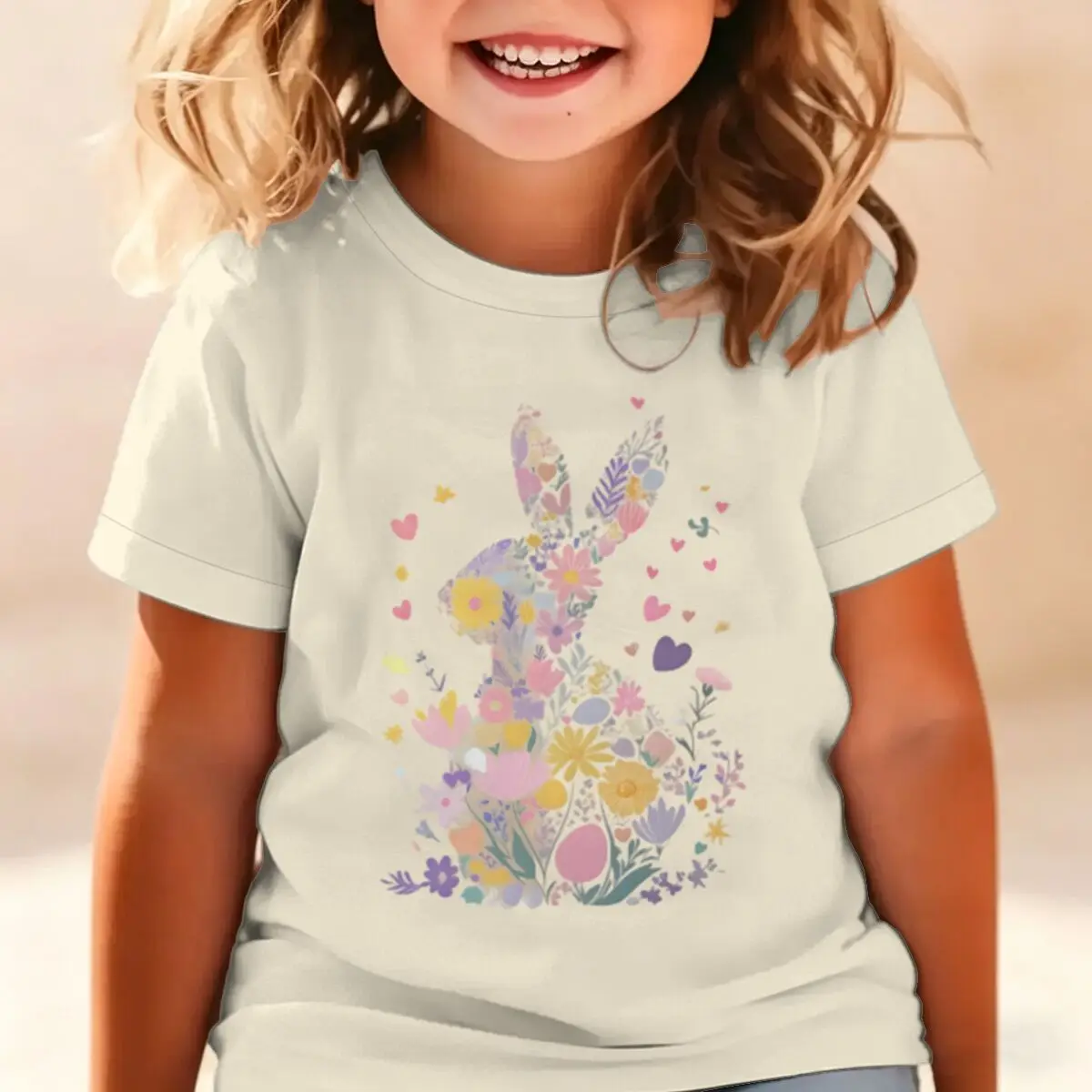 Cute Rabbit Floral Tee for Girls Creative Trend Short Sleeve Cotton Tee Holiday Girls Cotton Shirt Floral Bunny Design Kids Tops