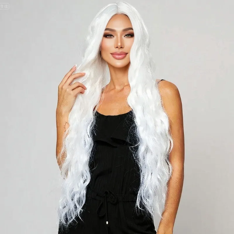 

Women's Wig Long Curly Wig White Ladies Synthetic Wavy Hair Wigs+Wig Cap