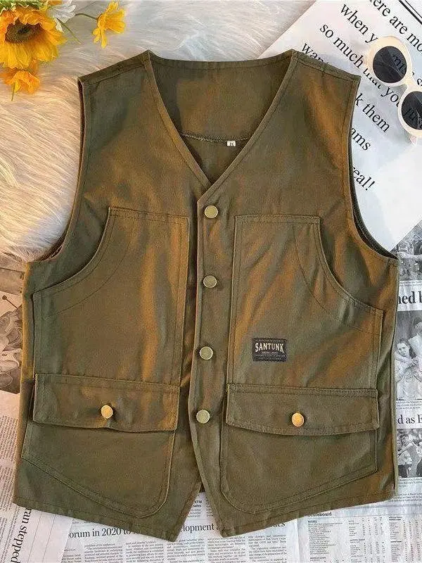 UM Retro Japanese Style Workwear Vest Unisex Summer Loose Fit Versatile Sleeveless Tank Top with Multiple Pockets Hong Kong S...
