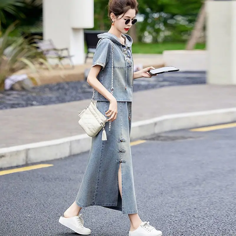 2024 Summer New Chinese Style Denim Two-piece Sets Women Clothes Casual Embroidery Streetwear Ladies Short Sleeve Hooded Suit