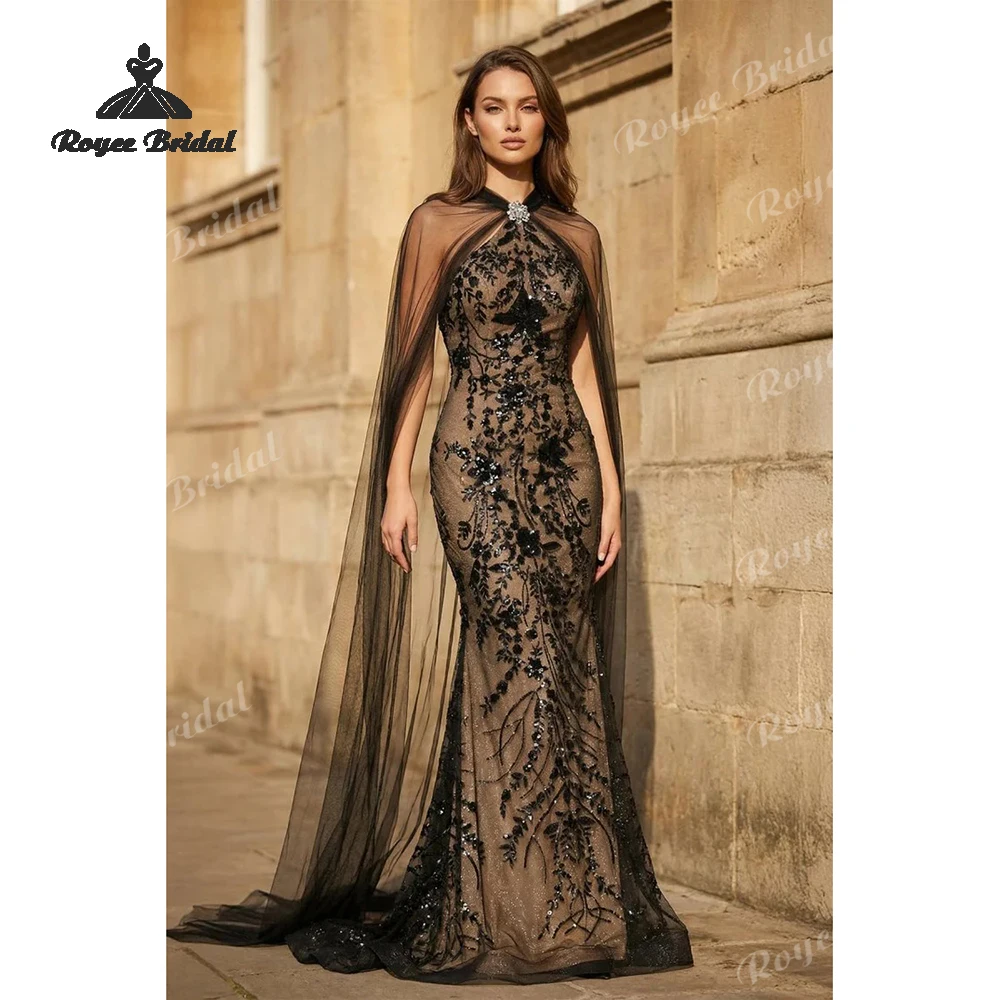 Vestidos de fiesta de sirena con lentejuelas y cuello halter 2026, capa, vestidos de fiesta elegantes, vestido de graduación personalizado