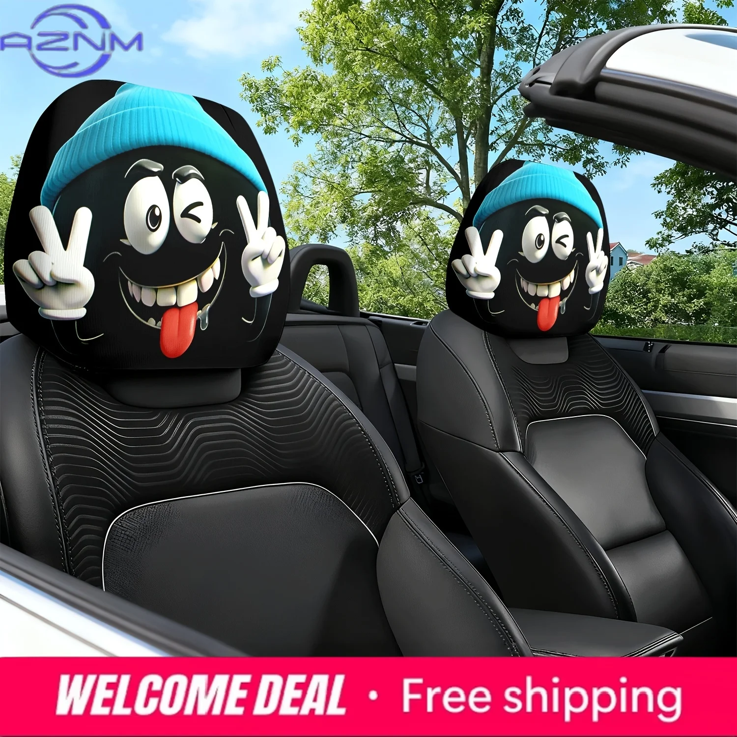 2pcs Blue Hat Cute Expression Themed Printed Car Seat Cushion Headrest Neck Pillow Cover - Featuring an Adorable Design