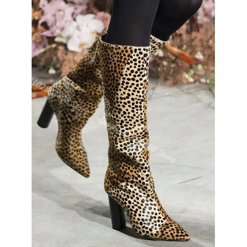 

Animal Print Pointed Toe Boots Chunky Heels British Style Concise Party Shoes Design for Women Boots 2024 Zapatos Para Mujere