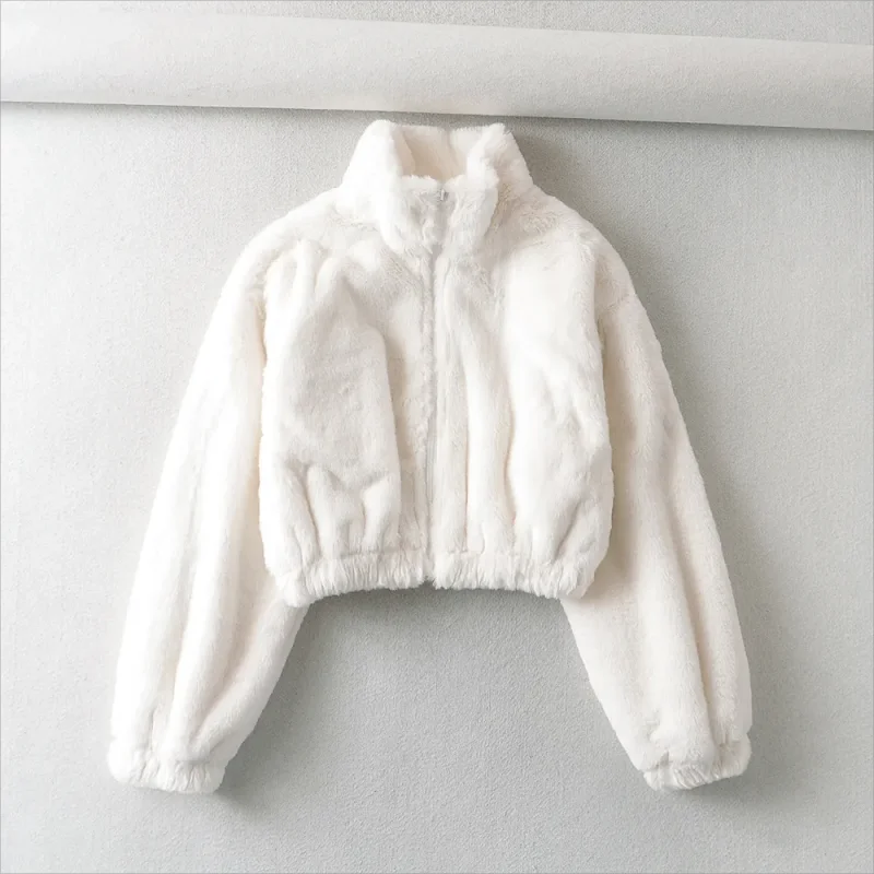 2024 White Cropped Jacket Women Korean Fashion Streetwear Warm Winter Short Fluffy Coats Long Sleeve Sweatshirts