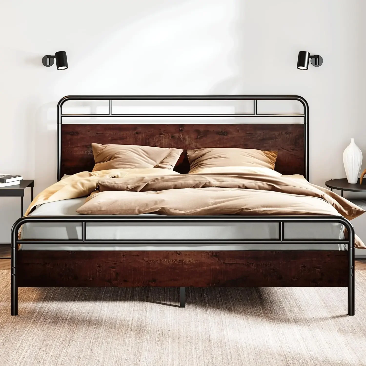 SHA CERLIN King Size Bed Frame with Wooden Headboard and Footboard, Rounded Corner Metal Frame, Heavy Duty Platform Bed wit