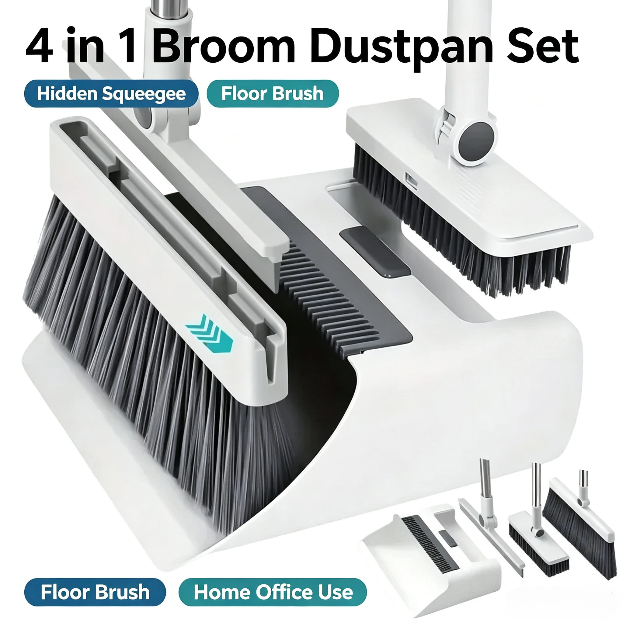 4 In 1 Upgraded Broom Dustpan Set Hidden Squeegee Floor Brush Grease Stain Cleaner For Home Office Household Cleaning