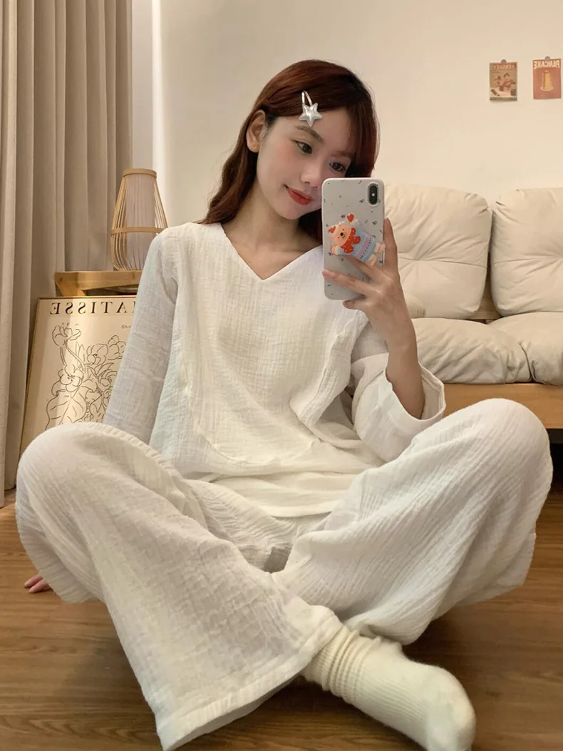 

Casual Luxury White Cotton Gauze Pajamas Women Minimalist Solid Sleepwear Set Breathable Long Sleeve Pjs Elegant Homewear 2026
