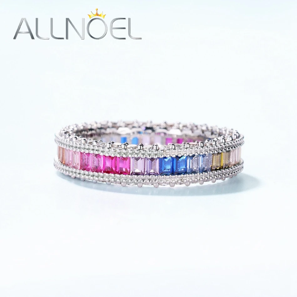 ALLNOEL Real 925 Sterling Silver Rings for Women Rainbow CZ Colorful Cubic Zircon 1*2mm Full Circle Wedding Band Jewelry Gift