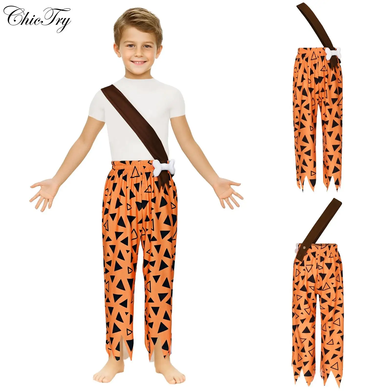 

Unisex Kids Caveman Costume Halloween Historical Stone Age Cosplay Pants Elastic Waistband 3D Bone Decoration Jagged Hem Pants